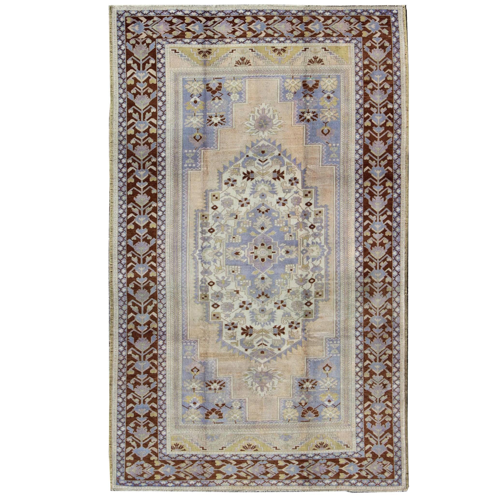 Vintage Turkish Oushak Rug in Brown, Light Purple, Blue, Camel and Wheat Colors