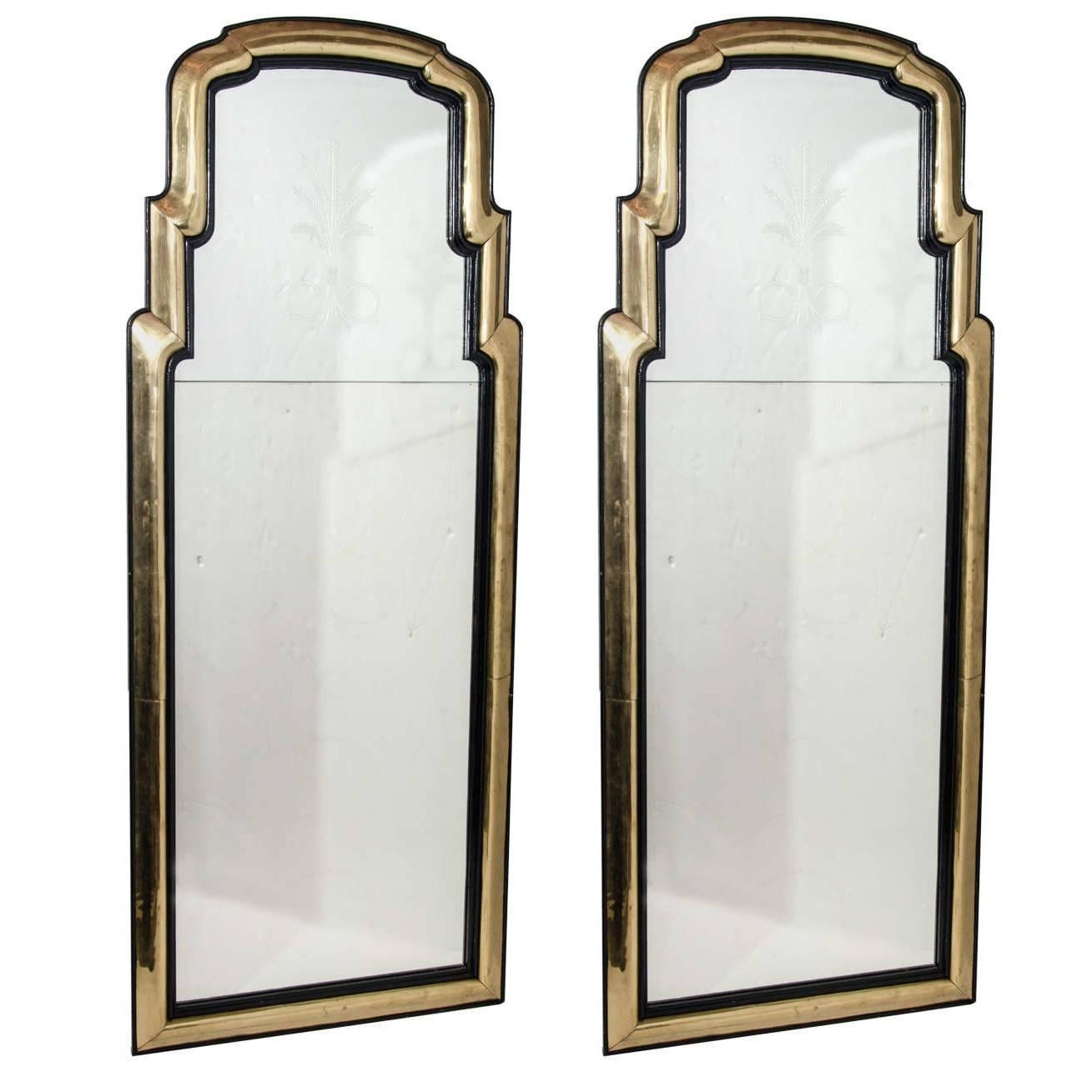 Pair of Antique French Art Deco Gilt Bronze and Ebony Mirrors