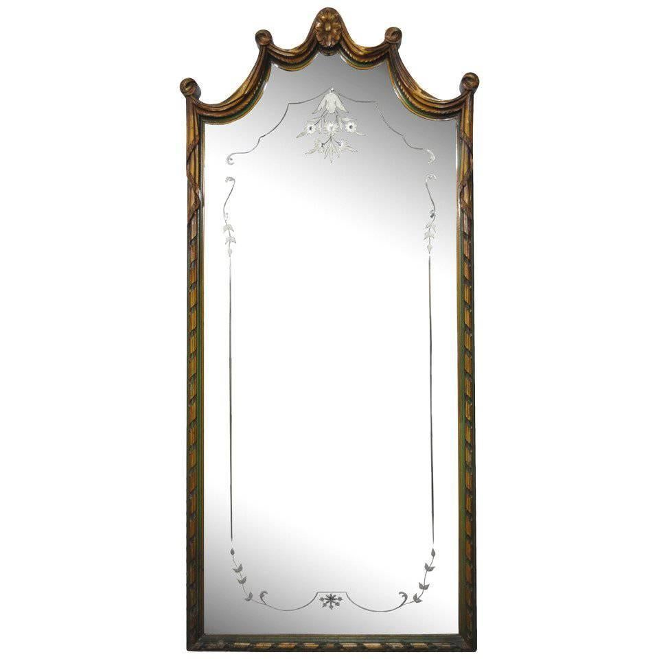 French Louis XV Style Green & Gold Carved Drape Floral Etched Glass Wall Mirror For Sale