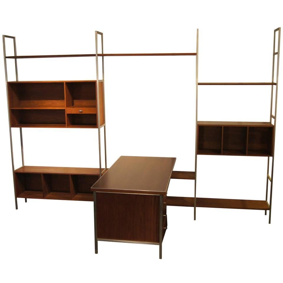 Walnut Modular Wall Shelving System with Desk by Paul McCobb for H. Sacks