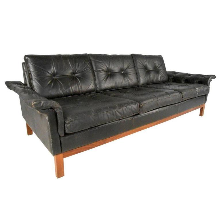 Vintage Danish Style Black Leather Sofa, Black Vintage Leather Sofa
