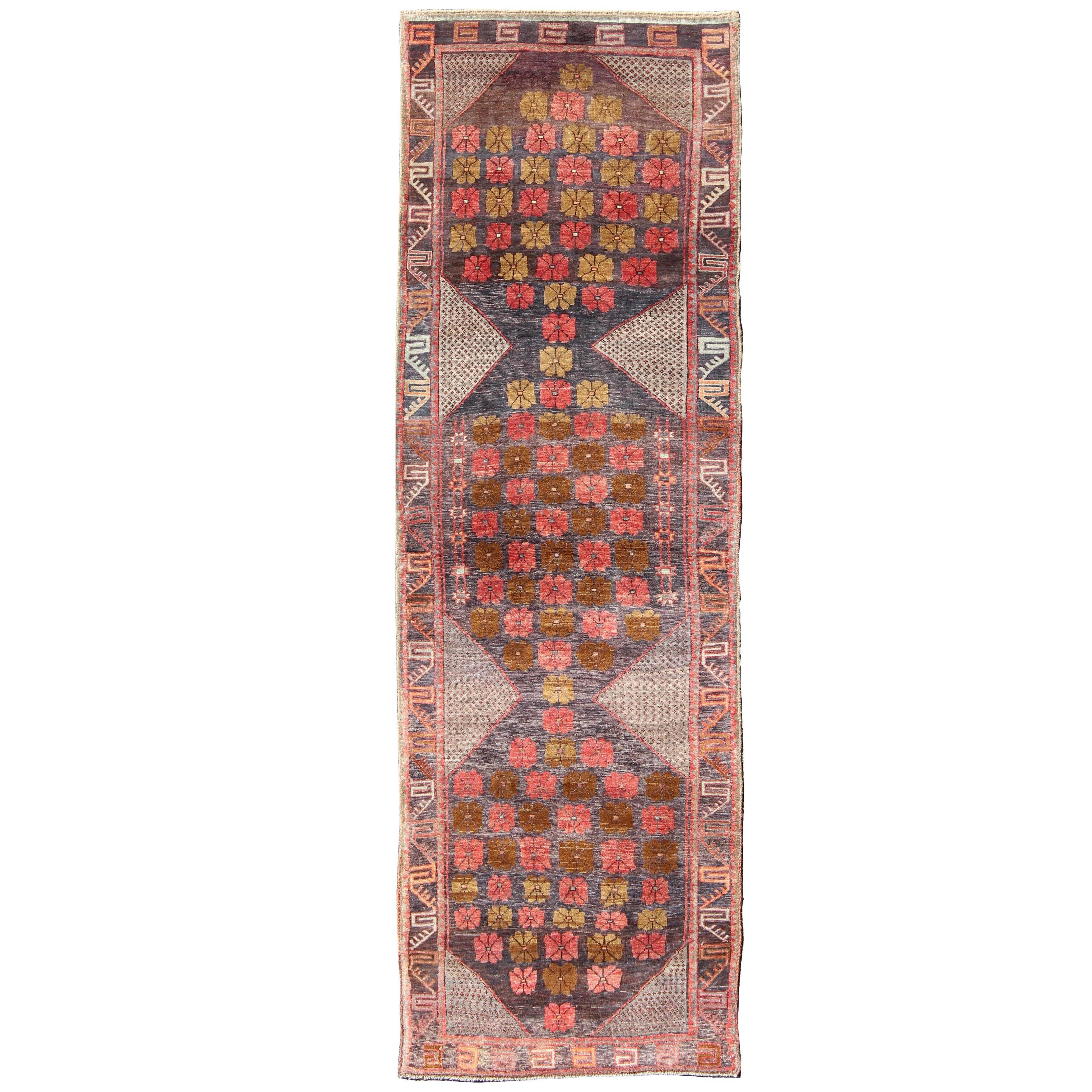 Colorful Turkish Oushak Runner with Geometric Motifs and Charcoal Color