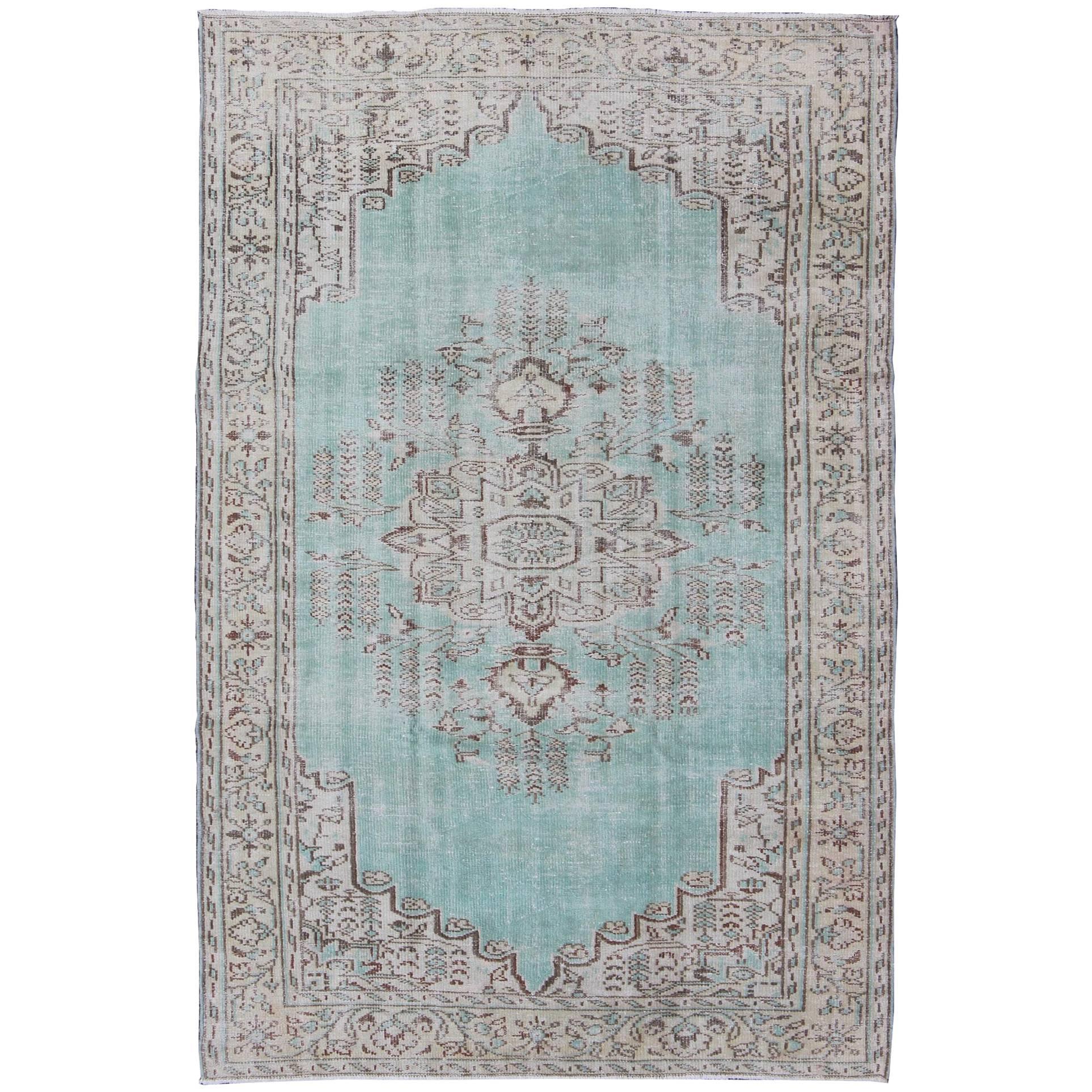 Vintage Oushak Rug with Aqua Color Background and Brown Highlights For Sale