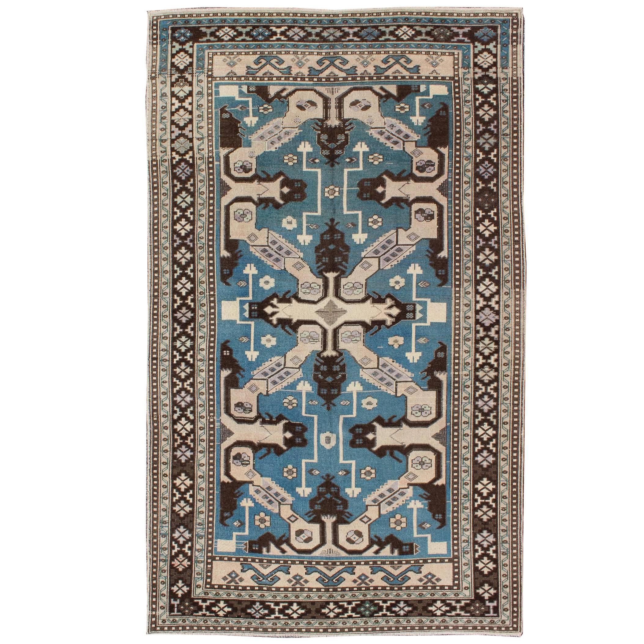 Alfombra Turca Vintage con Colores Únicos Azul Acero, Azul Medio y Marrón en venta