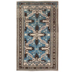 Retro Turkish Rug with Unique Steel Blue, Medium Blue and Brown Colors