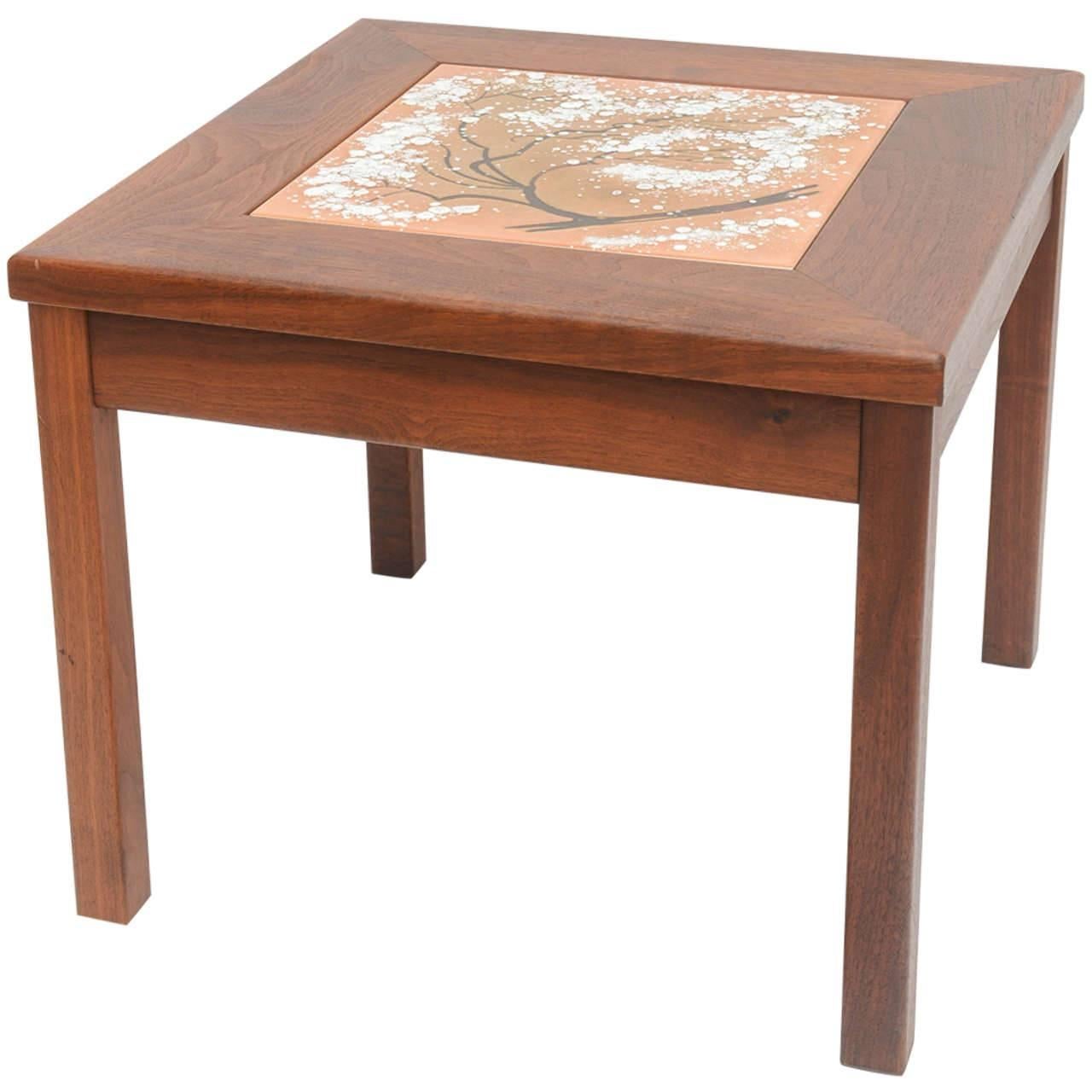 Midcentury Modern Walnut Table with an Enamel on Copper Inset by Brown Saltman  For Sale