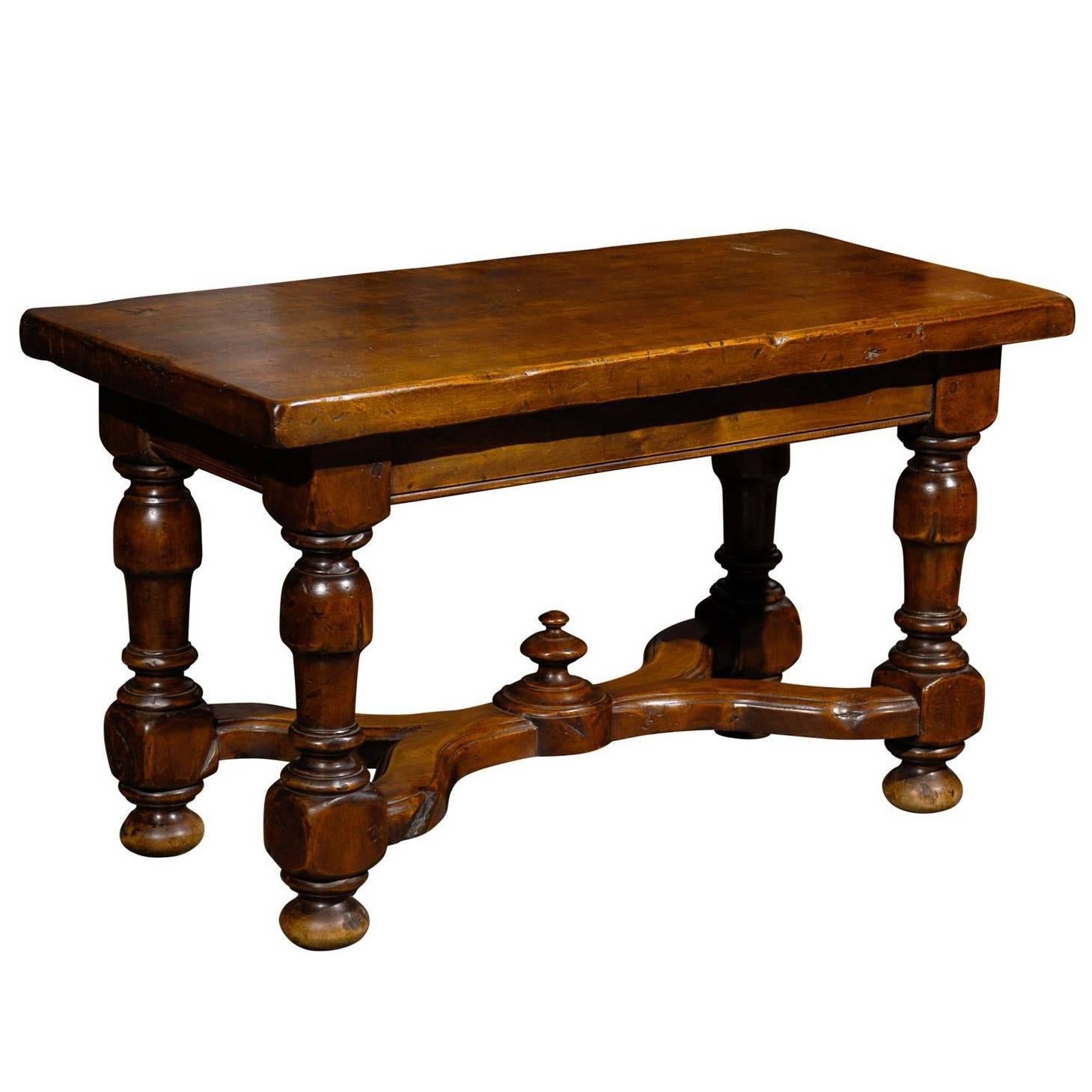 French Walnut Stool or Bench with Carved Stretcher from the Early 20th Century
