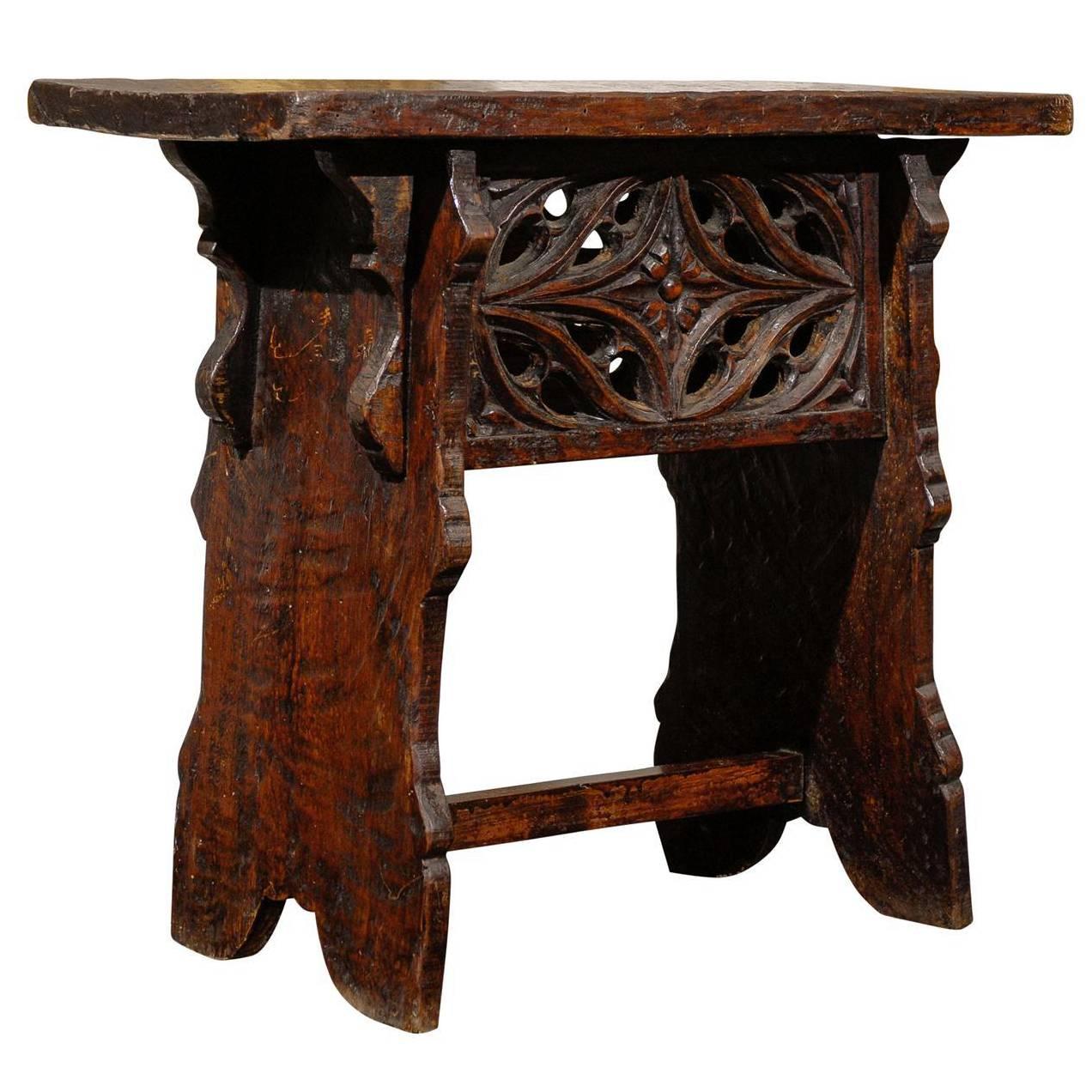 Early 20th Century Spanish Carved Wooden Bench or Stool