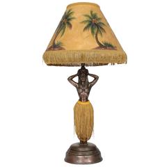 Retro Undulating Hawaiian Patinated Metal Lady Hula Lamp