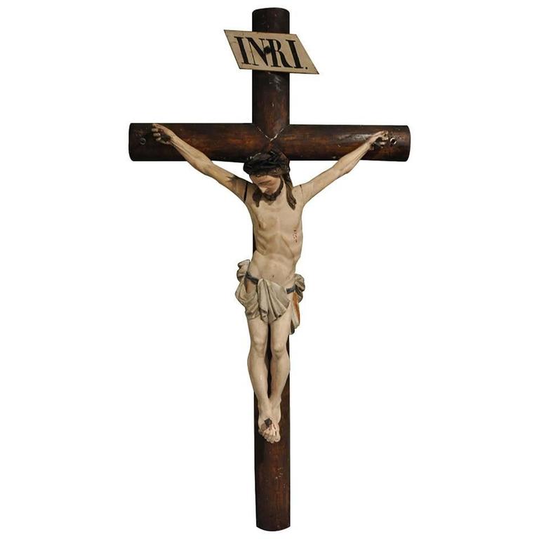 Important 19th Century French Hand-Carved Polychrome Painted Crucifix ...