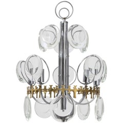 Vistosi Brass and Chrome Clear faceted Crystal Disc Chandelier, Italy 1970s