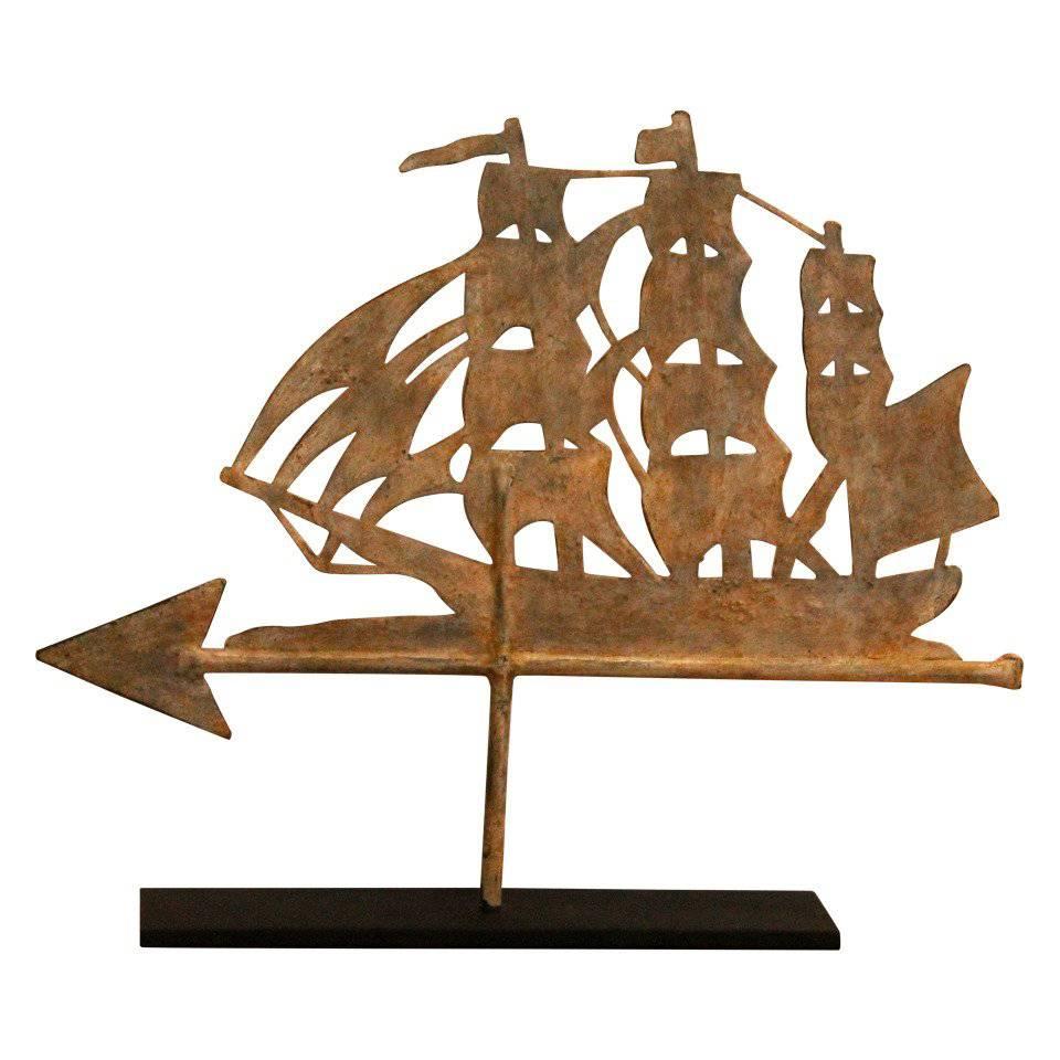 19th Century Painted Ship Weathervane on Iron Stand