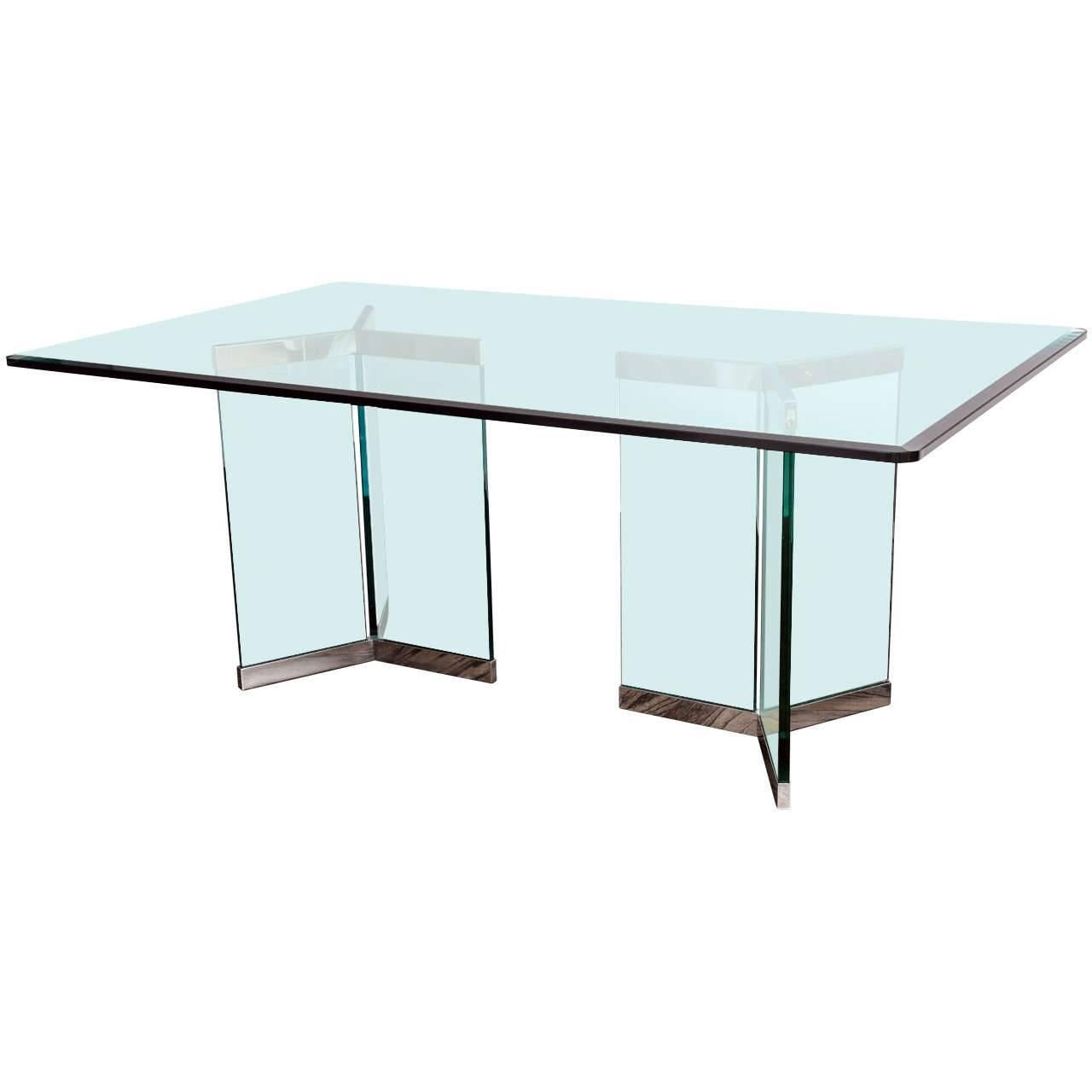 Leon Rosen, Pace Collection Rectangular Polished Chrome and Glass Dining Table