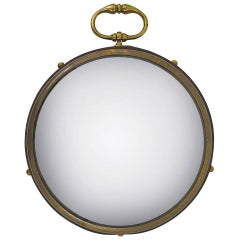 French Round Convex Brass and Leather Bullseye Porthole Mirror, 1950s