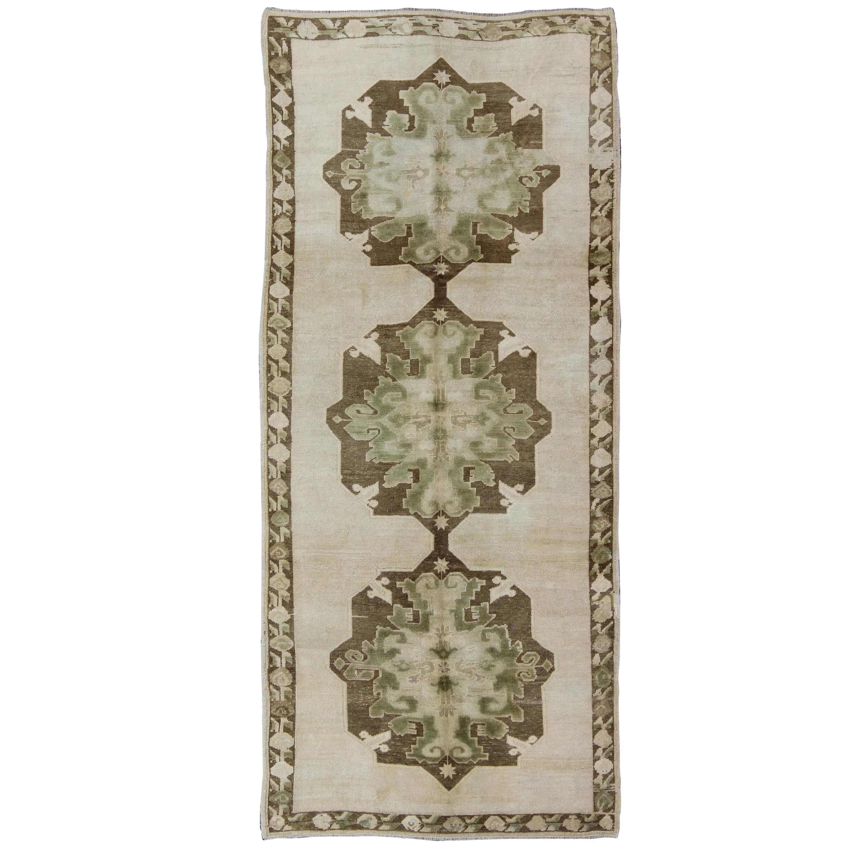Army Green and Apple Green Turkish Oushak Gallery Runner with Multi Medallions For Sale