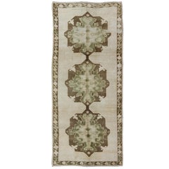 Retro Army Green and Apple Green Turkish Oushak Gallery Runner with Multi Medallions