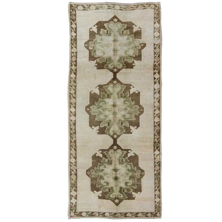 Army Green and Apple Green Turkish Oushak Gallery Runner with Multi Medallions For Sale at 1stDibs