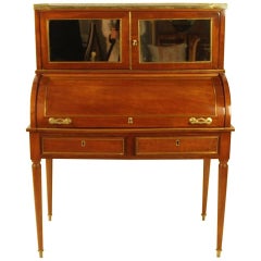 Bureau cylindrique de style Directoire français du 19ème siècle en laiton et placage d'acajou