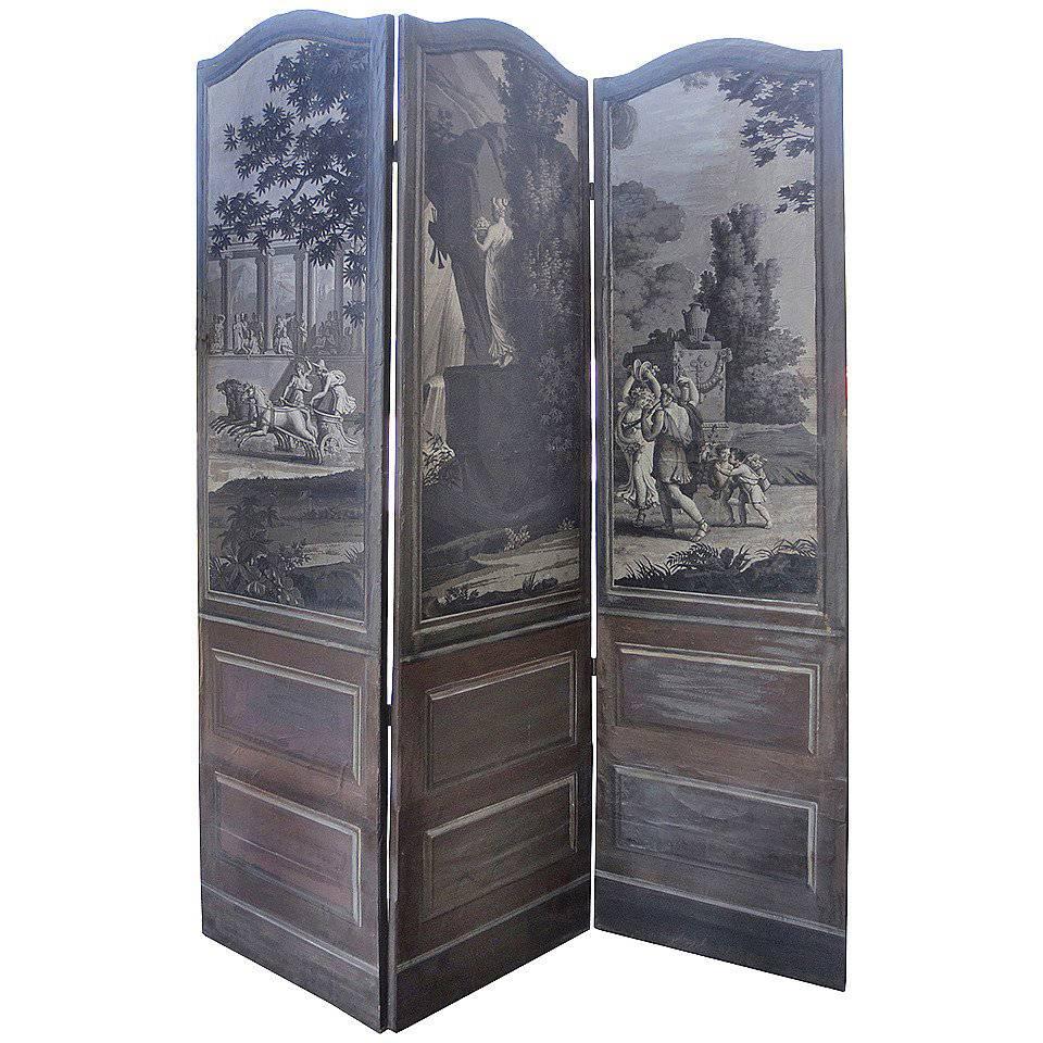 19th Century Neoclassical Wallpaper Paneled Screen in Grisaille, Possibly Dufour