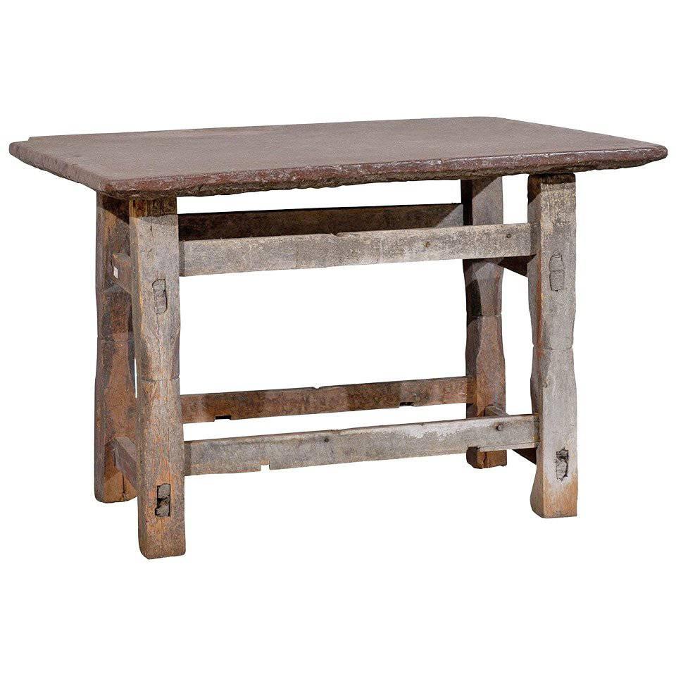 Swedish 17th Century Rustic Side Table with Stone Top