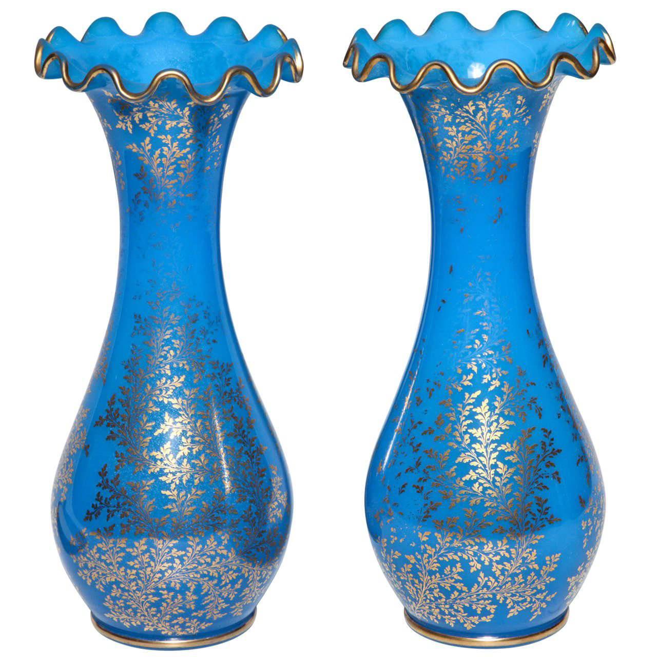 Pair of Baccarat Blue Opaline Crystal Vases with 24-Karat Gold Decorations For Sale