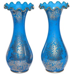 Antique Pair of Baccarat Blue Opaline Crystal Vases with 24-Karat Gold Decorations