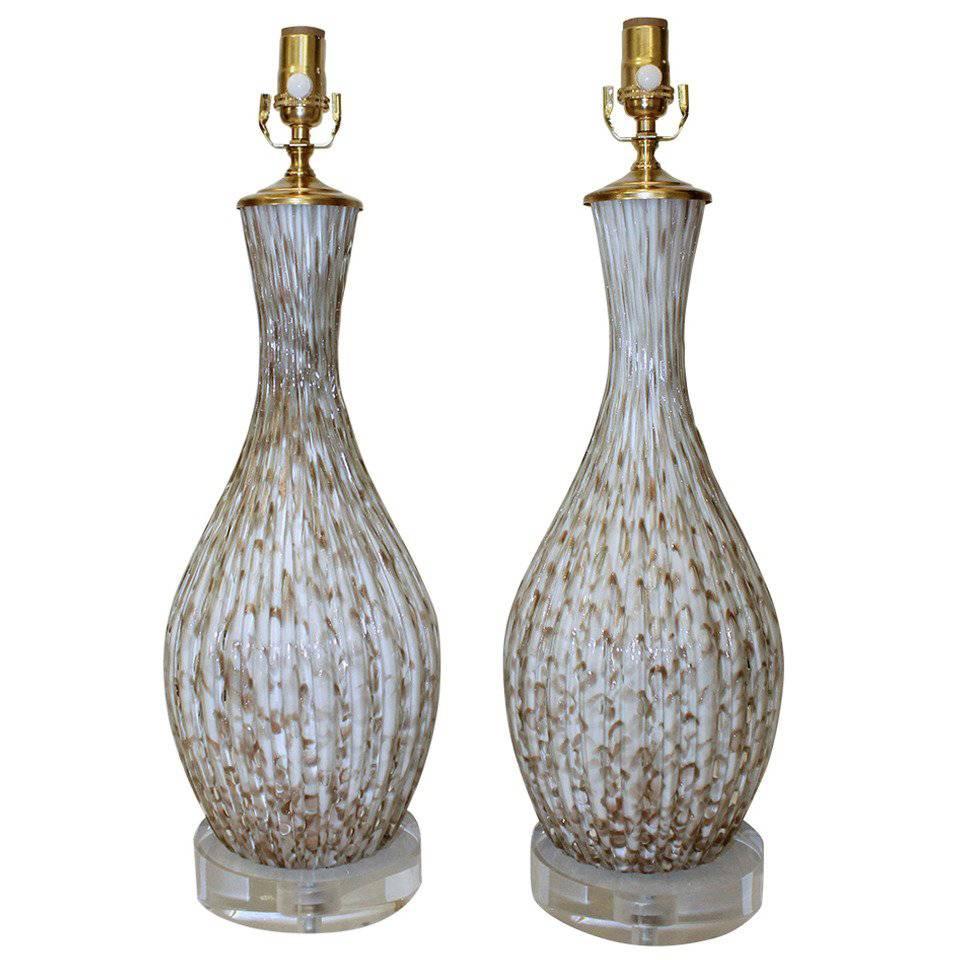 Pair of Italian Murano Glass White Table Lamps with Aventurine For Sale