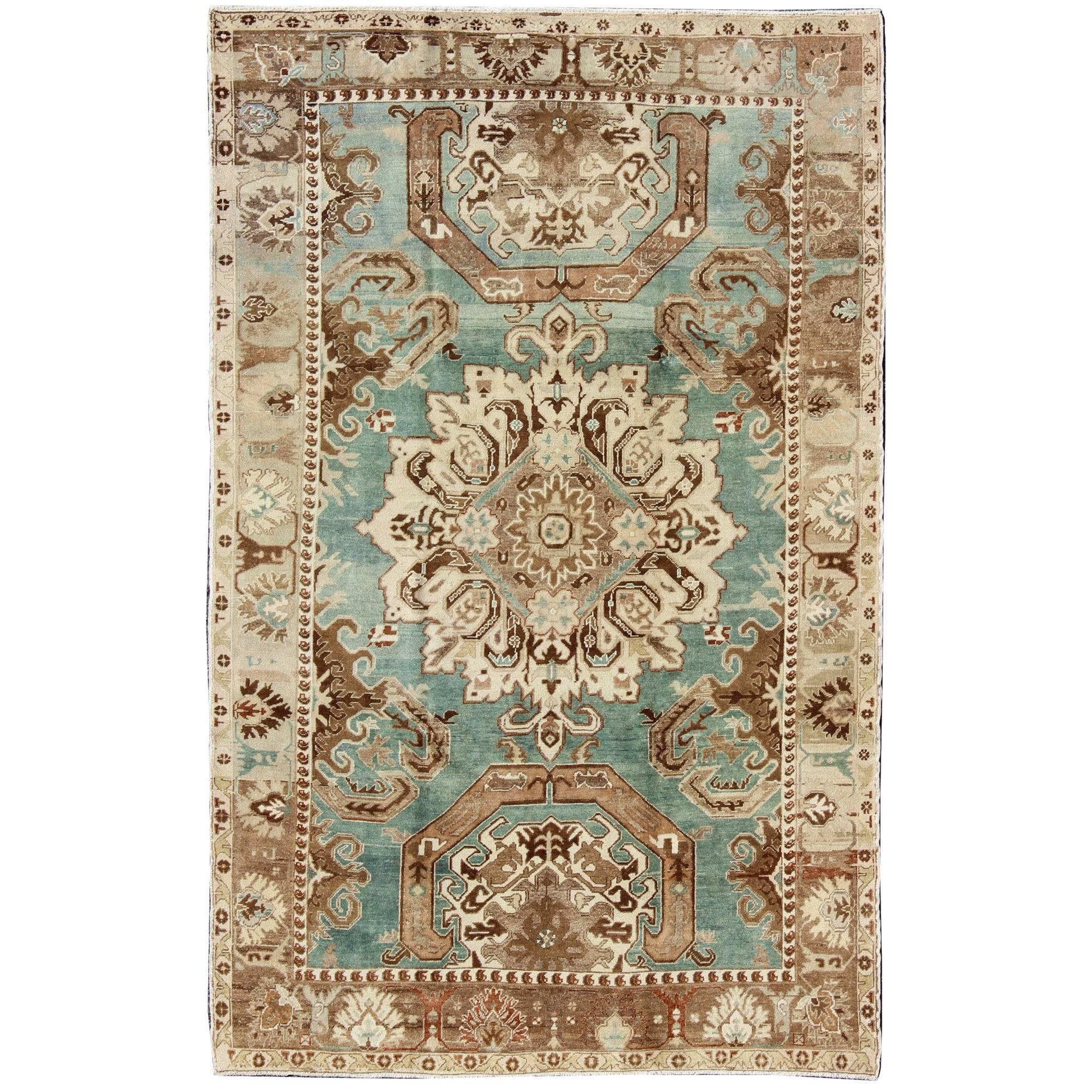 Unique Vintage Turkish Carpet with Geometric Design Inspired by Caucasian Design
