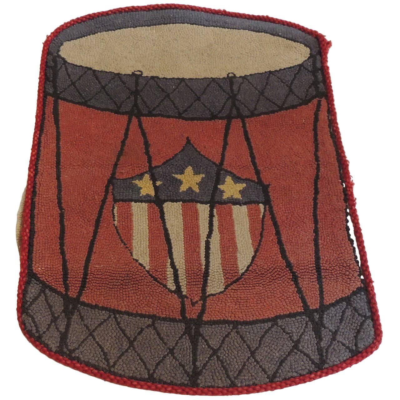 Vintage Red and Black Drummer Hook Rug with American Flag Shield