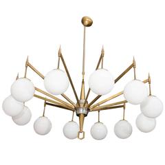 Twelve-Arm Brass Chandelier with White Opaque Globes
