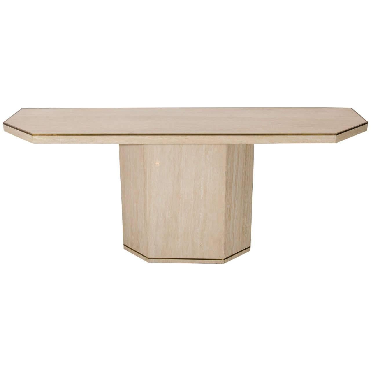 Willy Rizzo Style Travertine Console Table with Brass Edging For Sale