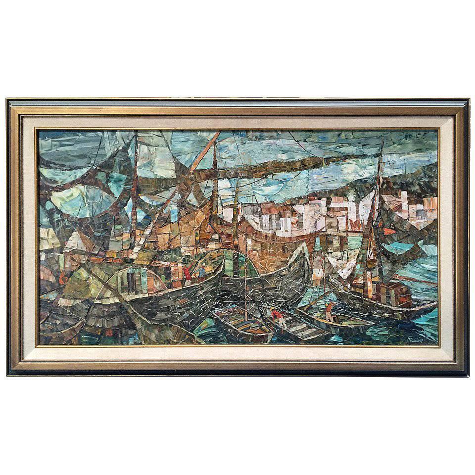 Oil Painting in a Mosaic Style ‘Ships on the Water’ Signed Russim