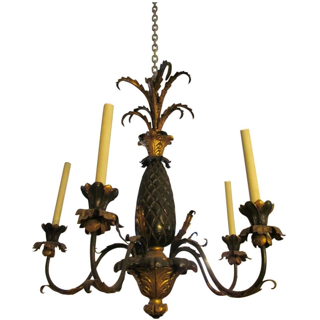 1930s Black Gold Five-Arm Chandelier Done in a French Pineapple Design