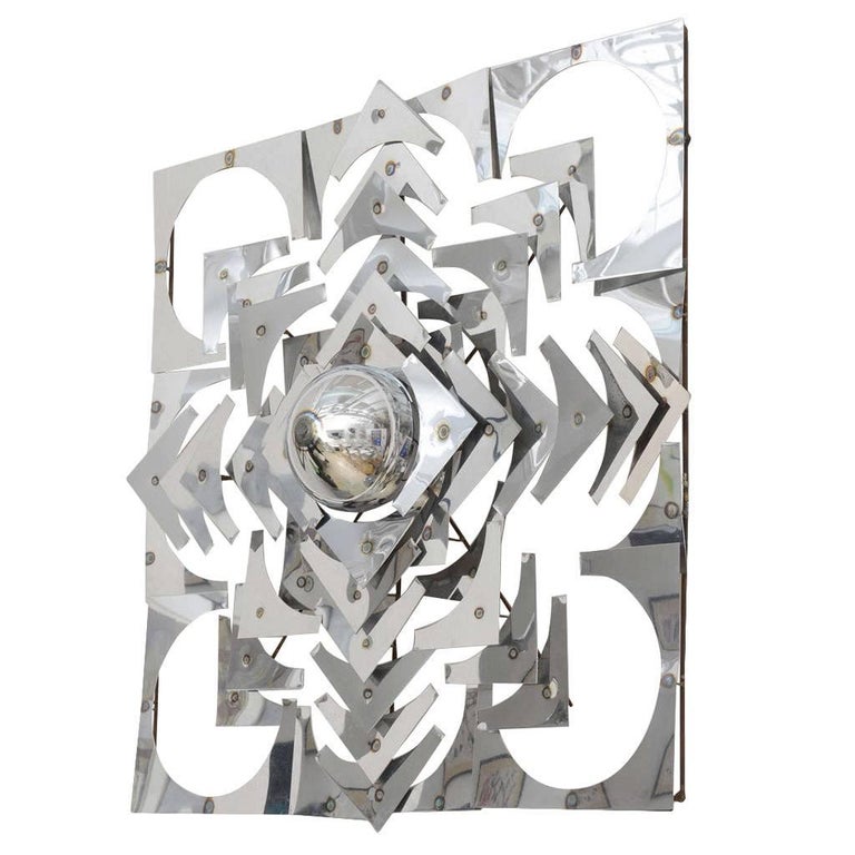 1970s, Mid-Century Modern, Pop Art, Polished Chrome, Square, 3-D Wall Sculpture For Sale