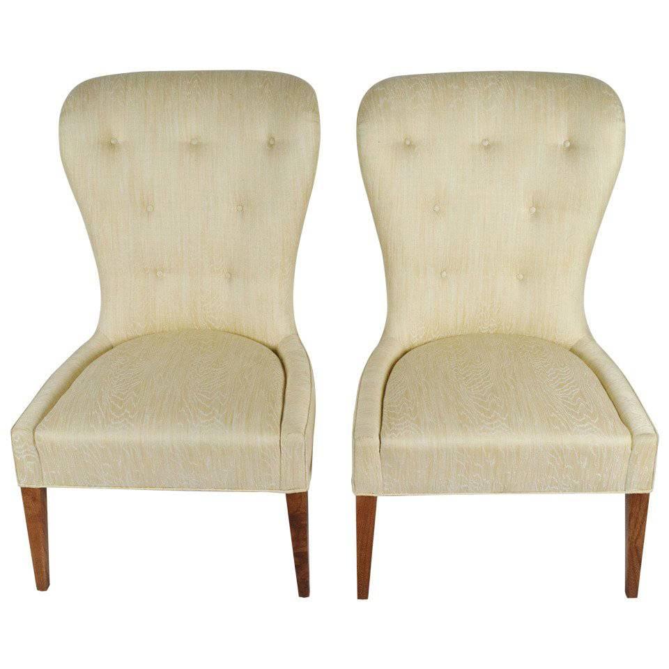 Pair of Modern Balloon Back Chairs in Silk Moire Fabric