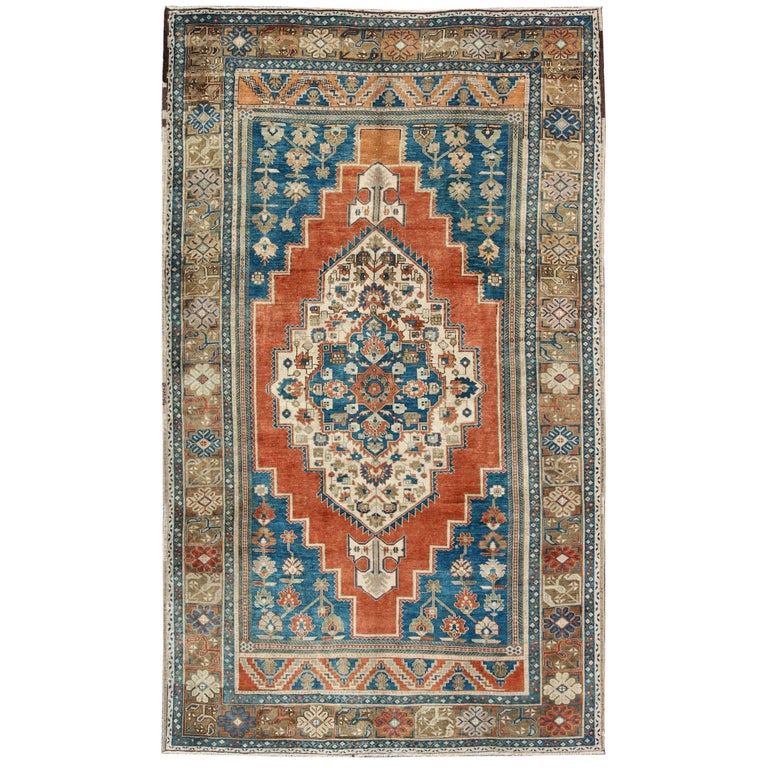 Vintage Turkish Oushak Rug in Blue, Terracotta, Light Brown and Camel
