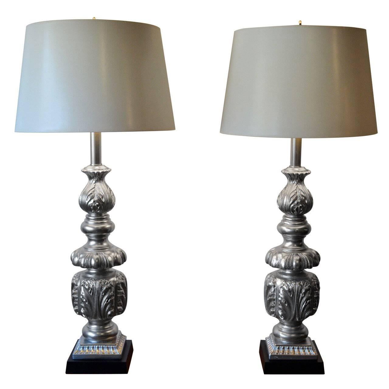 Pair of Large Hollywood Regency Silver Painted Ornate Table Lamps, Italy