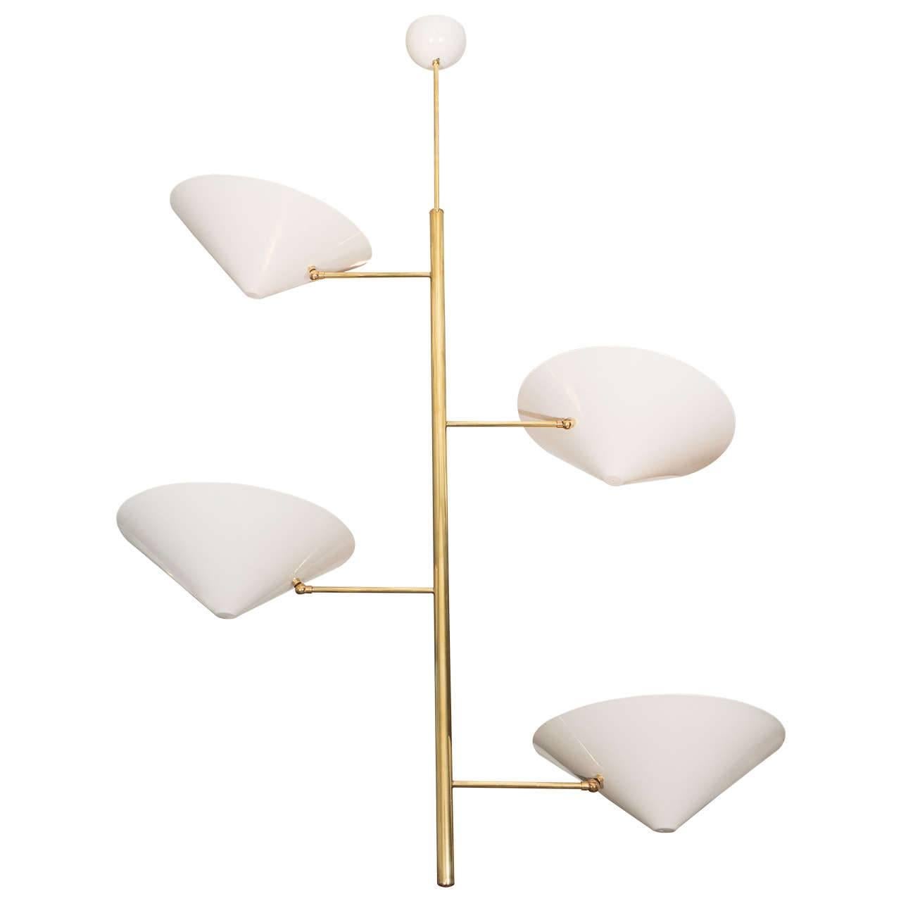 Tole Off-White Chandelier with Brass Rod and Four Round Adjustable Shades, Italy