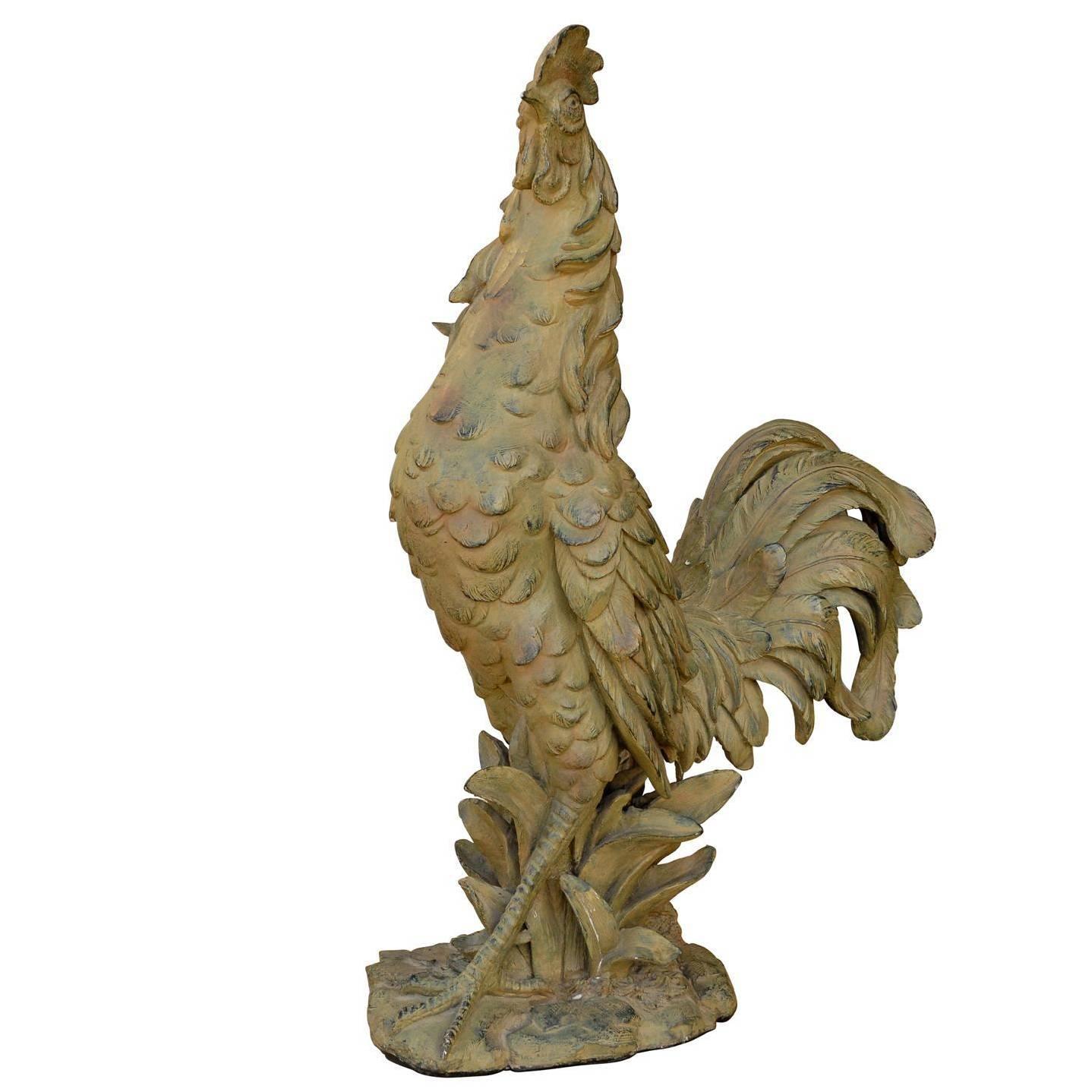 French Rooster Sculpture with Green & Black Accents from the Mid-20th Century For Sale