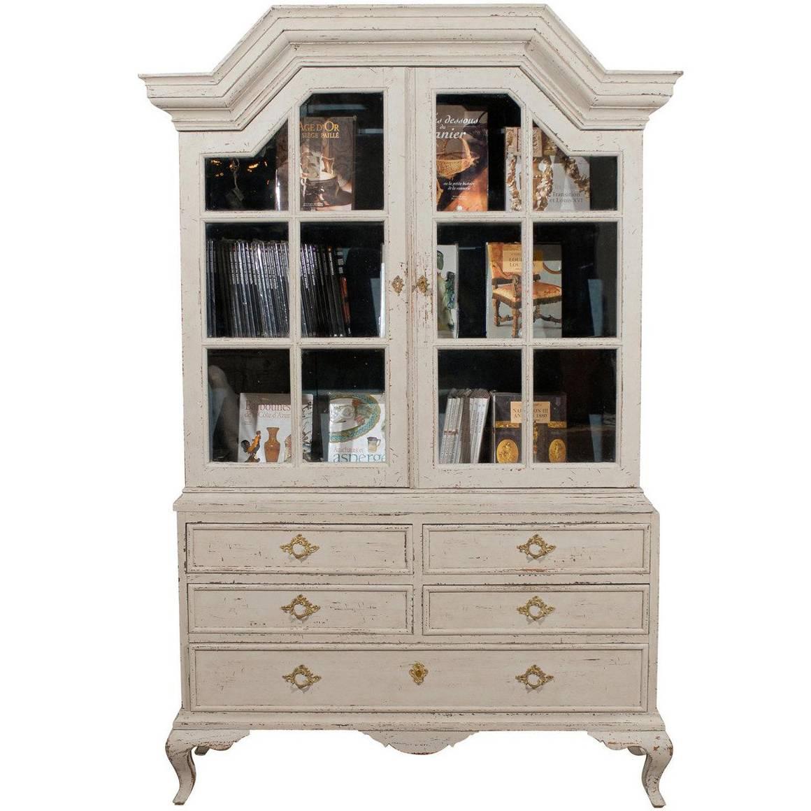 Swedish 1810 Baroque Painted Wood Cabinet with Glass Doors and Five Drawers