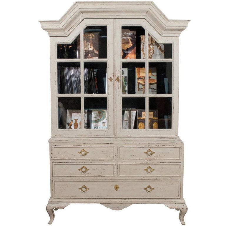 Swedish 1810 Baroque Painted Wood Cabinet With Glass Doors And
