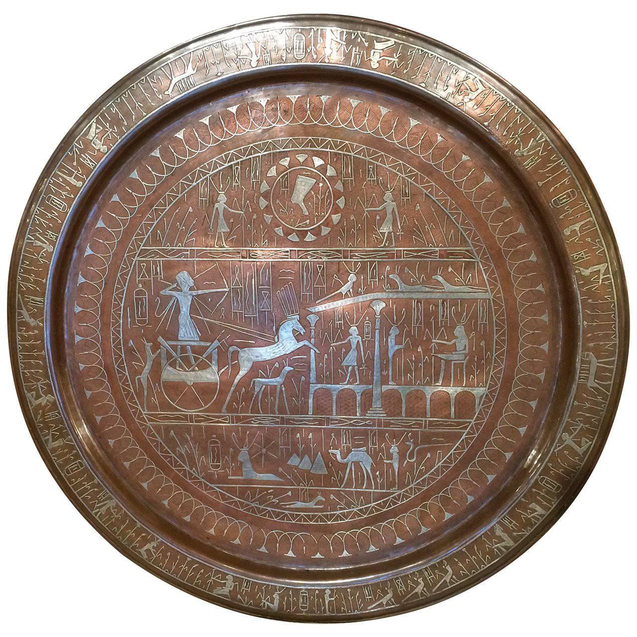 Egyptian Revival Copper and Silver Charger with Hieroglyphics