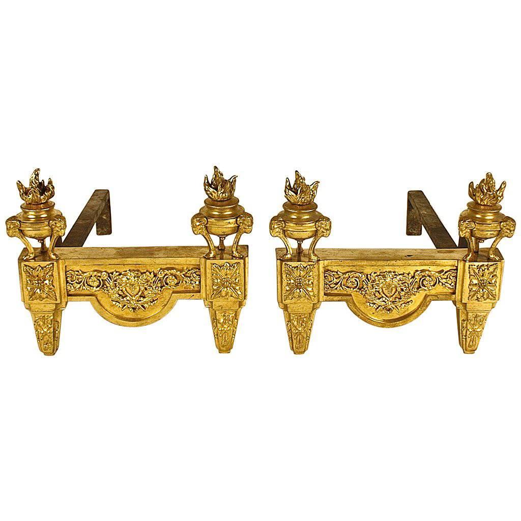 Pair of Louis XVI Style Ormolu Chenets / Andirons by Bouhon Freres, 19th Century