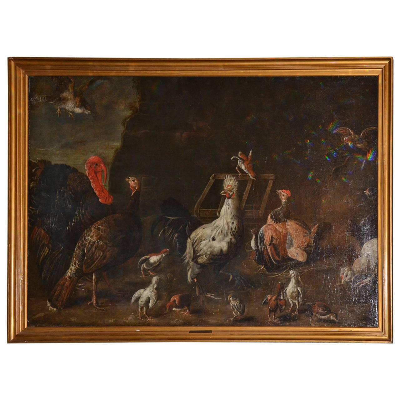 "Turkey and Other Fowl in a Yard"  in the manner of Melchior d'Hondecoeter For Sale