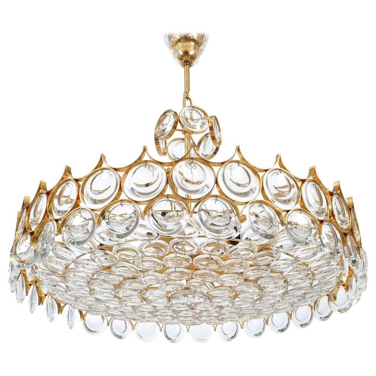 Palwa Gold Brass and Glass Large Chandelier Ceiling Lamp, 1960