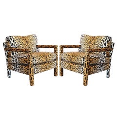 Pair of Leopard Parson Chairs in the Style of Milo Baughman, Custom