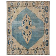 Vintage Turkish Rug with Central Medallion in Sky Blue, Ivory and Cream Tones