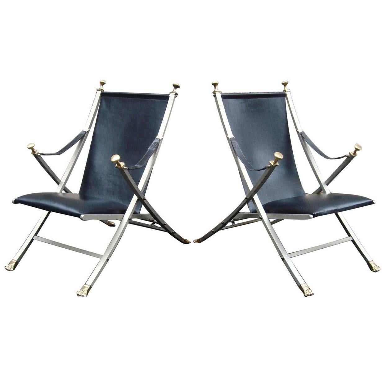 Fabulous Pair of 1960s Steel and Leather Italian Campaign Chairs For Sale