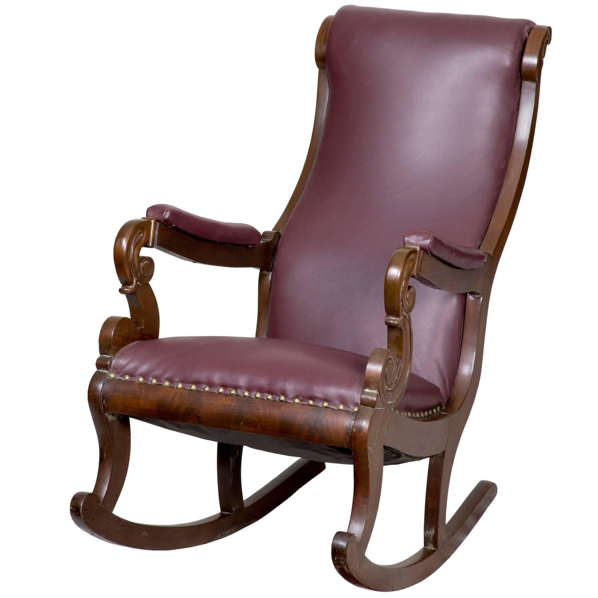 Classical Mahogany Rocker with Carved Scrolled Arm Supports For Sale