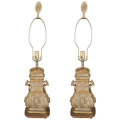 Pair of Bronze Chinese Lamps with Wood Bases 10